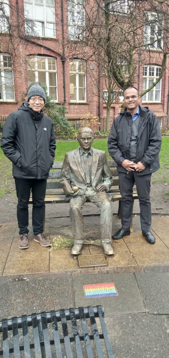 With Professor Zhiguo Ding (Left) and Dr. Alan Turing, the Father of Modern Computing at the University of Manchester, UK (December, 2019.